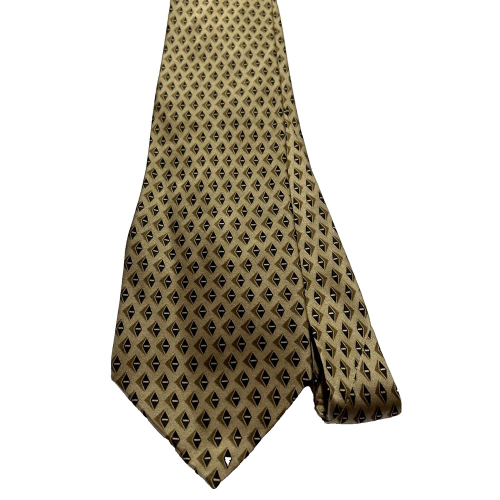 Long Men's Tie Necktie Neo Bill Blass Ivory Gold Brown Diamond Geometric Pattern